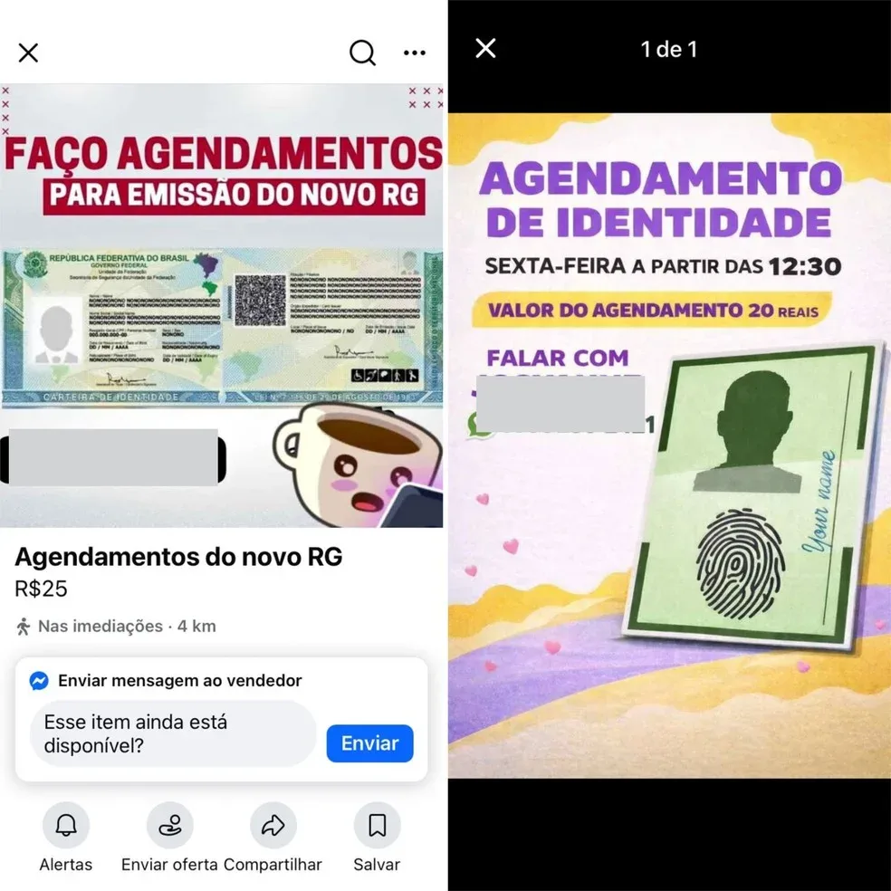 Anúncios de agendamento de vagas para tirar identidade em RO — Foto: Redes Sociais/Reprodução